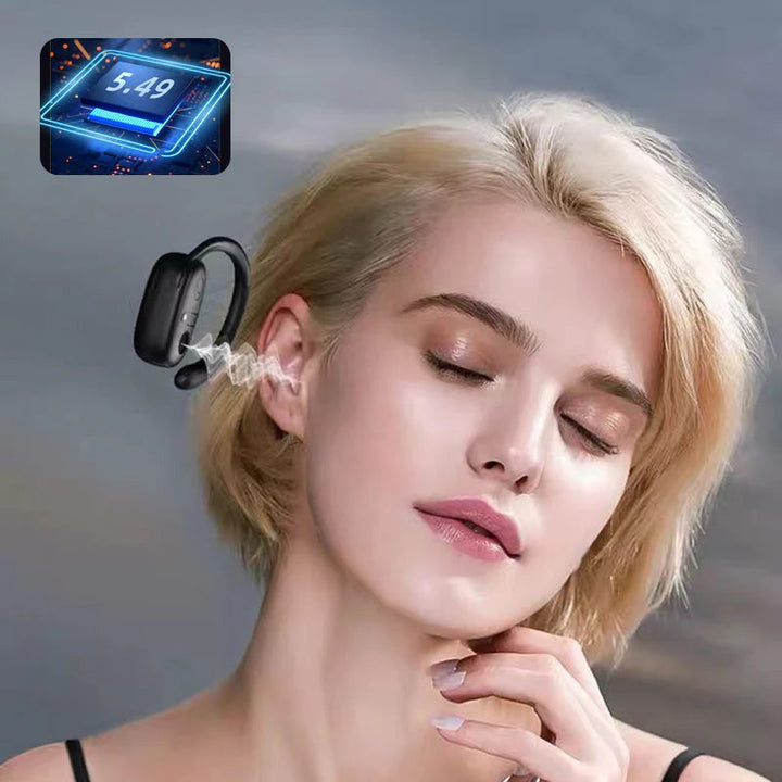 "Träningsvänliga Bluetooth 5.4 In-Ear Hörlurar med hängande design för säker passform, i svart, vit och beige färg."