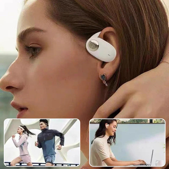 "Träningsvänliga Bluetooth 5.4 In-Ear Hörlurar med hängande design för säker passform, i svart, vit och beige färg."
