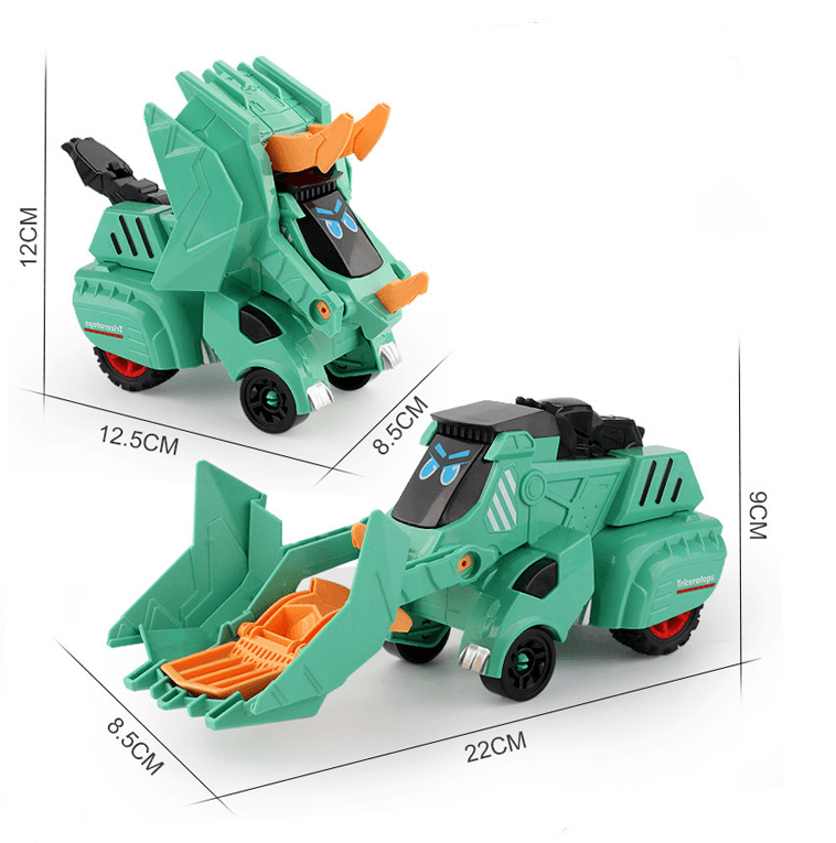 Transformabel leksaksbil i dinosaurieform, färgglad design. Perfekt för barn, inspirerar kreativitet och lek.