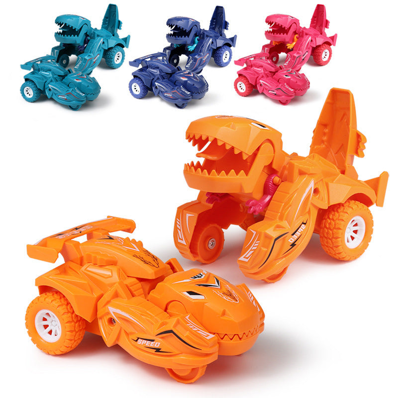 Transformerande dinosaurieleksaksbil i plast, blå och cyan, för barn. Kan automatiskt växla mellan bil och dinosaurie.