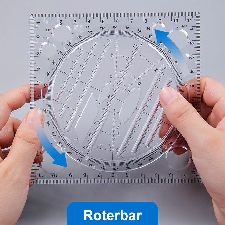 "Transparent cirkelritningslinjal i plast för konstnärer, designers och studenter, med tydlig skala och mångsidig design."