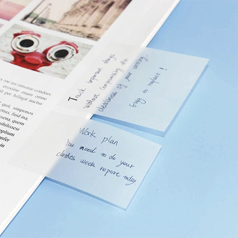 "Transparenta anteckningslappar för märkning av text, perfekt för skola och kontor. Halvtransparent och vattenbeständig."