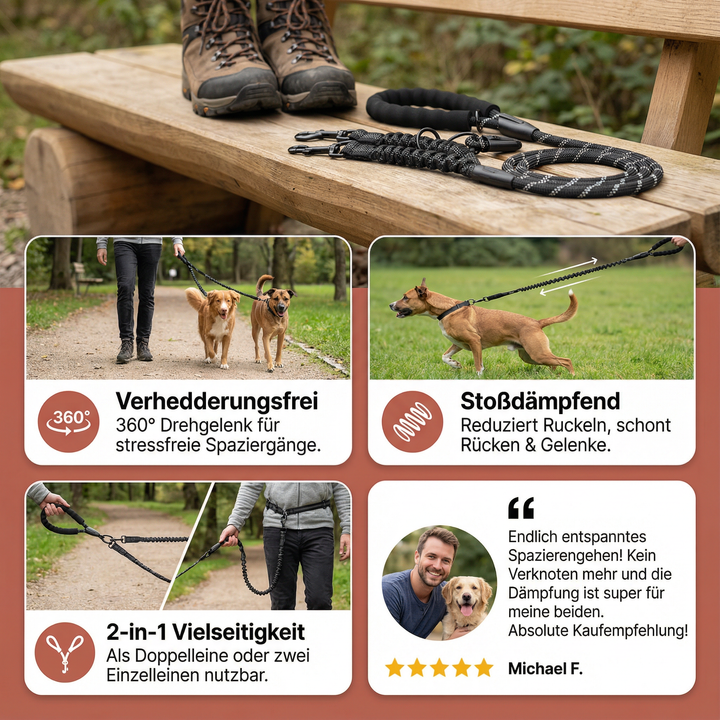Färgglad hunddubbellina, idealisk för att promenera två hundar trasselfritt.