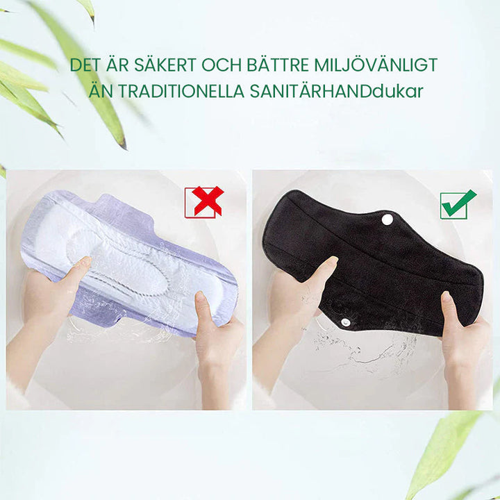 "Tvättbara bambukol dambindor, mjuka, absorbenta och vattentäta, perfekta för hållbar hygien och skydd hela dagen."