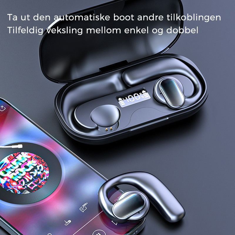 "TWS trådlösa benledning öronsnäckor med ergonomiska öronkrokar för säker passform och öppen örondesign, perfekt för sport."