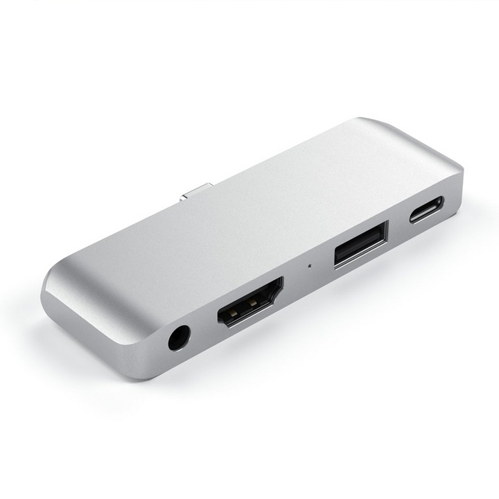 "Type-C Mobil Pro Hub, slimmad grå elektronikadapter med USB-C, HDMI, USB 3.0 portar, bärbar och kompakt design."
