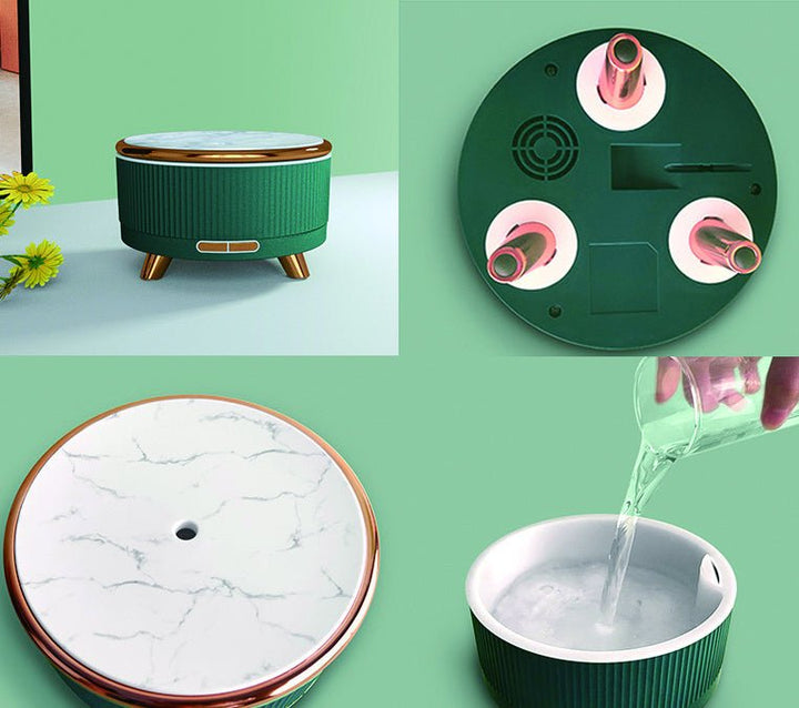 Kompakt aromaterapiluftfuktare med tyst funktion. Perfekt för sovrum, sprider lugnande doft.
