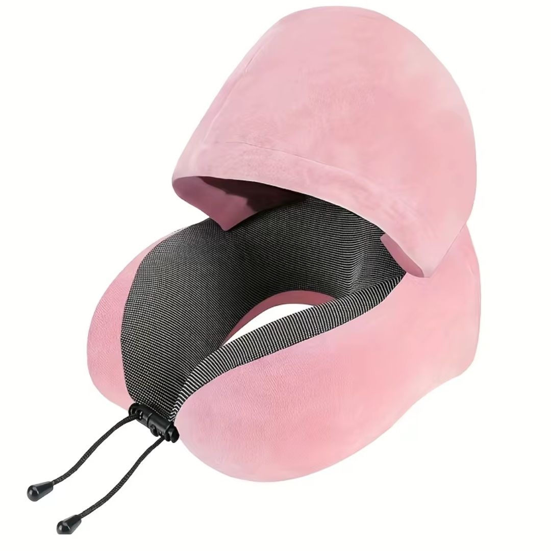 Lyxig resekudde med memory foam och luva, U-formad för optimalt nackstöd och komfort på resan.