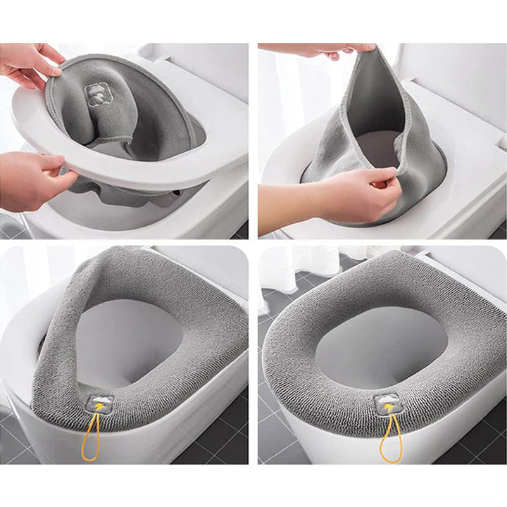 Ultra tjock toalettsitsöverdrag av polyester, elastisk passform, ljusrosa, bekväm och värmande lösning för kalla toaletter.