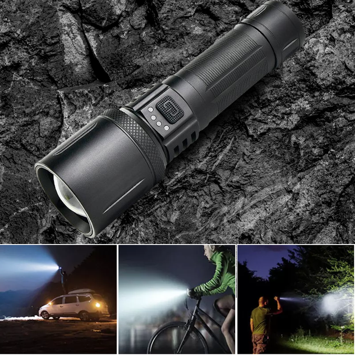 Vattentät ultraljus ficklampa i svart aluminium med avancerad LED-teknik och robust design för utomhusäventyr.