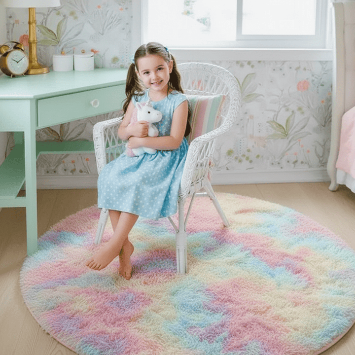 Fluffig rund matta placerad på trägolv för snygg hemtextil och design