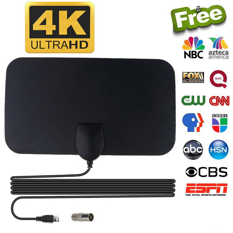 "Ultratunn digital HDTV-antenn för 4K-TV, lång räckvidd, svart och diskret design, enkel installation för fria TV-kanaler."