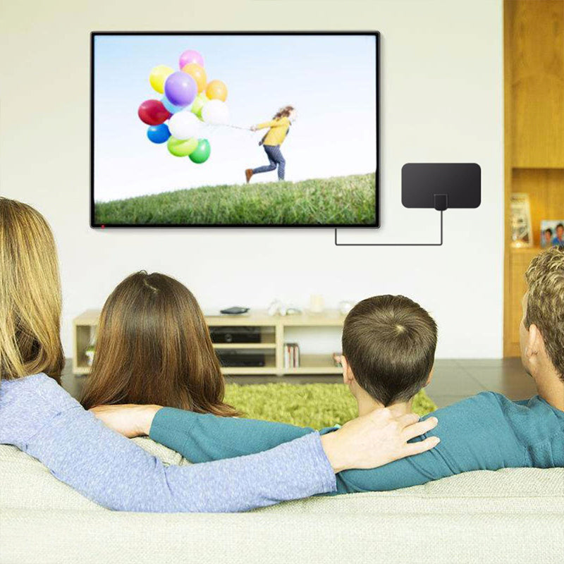 "Ultratunn digital HDTV-antenn för 4K-TV, lång räckvidd, svart och diskret design, enkel installation för fria TV-kanaler."