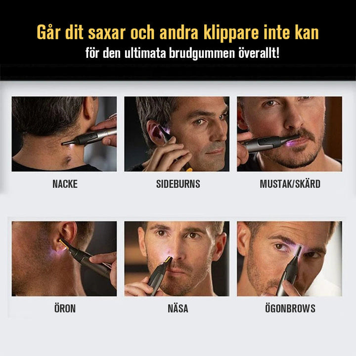 "Ultratunn precisionstrimmer med rostfria stålblad och grått grepp, optimerad för personlig hälsovård, sladdlös och portabel.