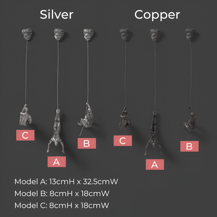 Unik inredningsdetalj: Klättrande man väggkonst i modern harts och metallfinish.