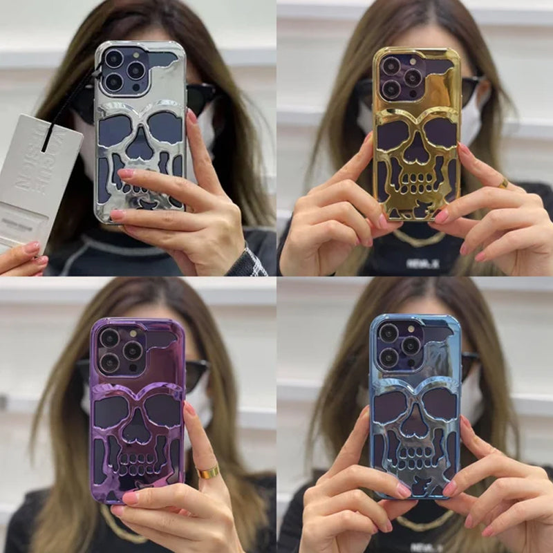 "Unikt dödskalleskal för iPhone med elegant plätering, erbjuder stilfullt skydd och trendig telefontillbehörsdesign."