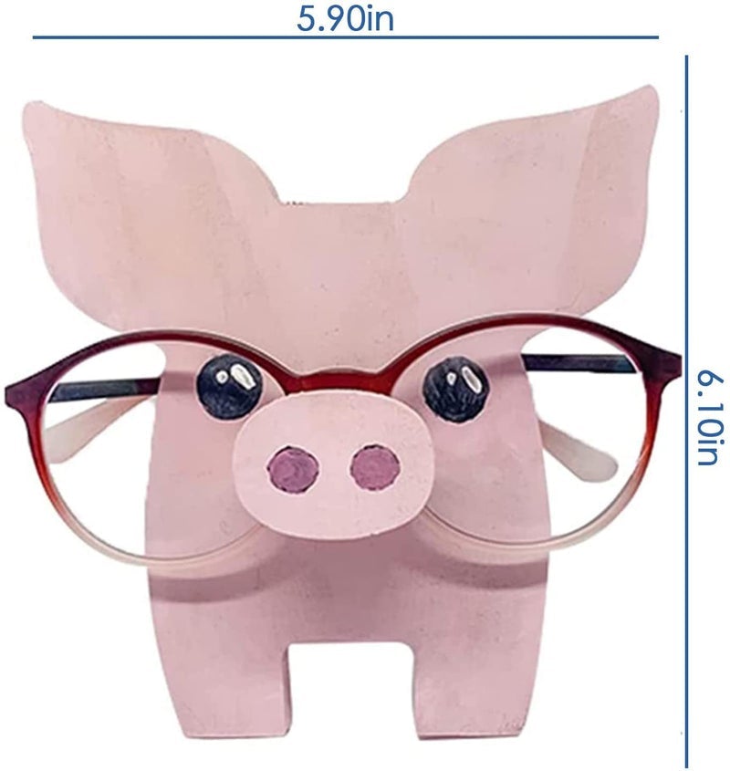 Unikt trä glasögonställ med djurdesign som gris och katt, perfekt för hemmet. Dekorativ och funktionell inredningsdetalj.