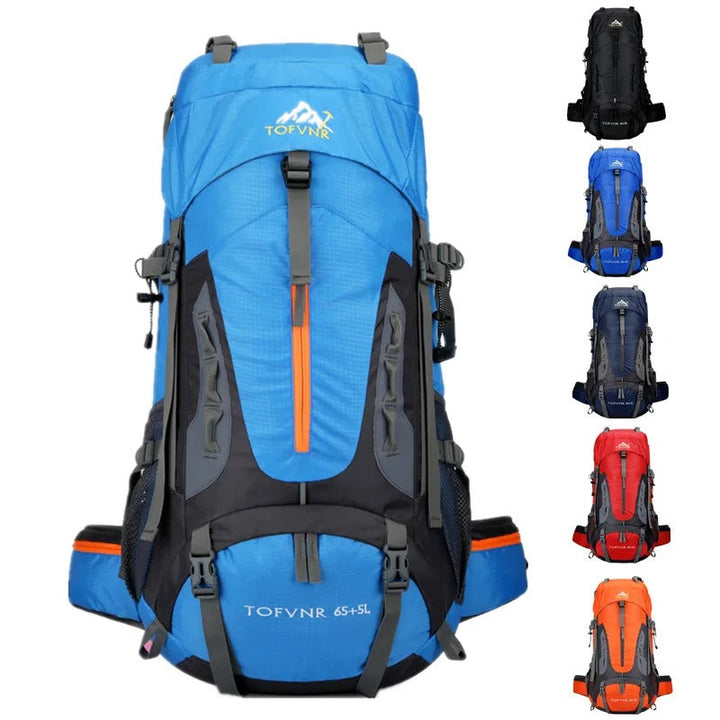 Robust 45L unisex ryggsäck, vattentät för äventyr. Idealisk för friluftsliv, vandring och camping. Organiserad.