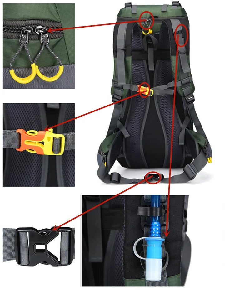 Modern unisex 60L ryggsäck, vattentät och bekväm för höstens äventyr och trekking.