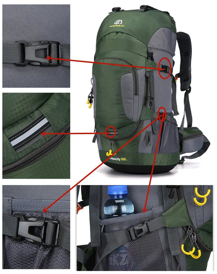 Ergonomisk 60L vandringsryggsäck med justerbara remmar för optimal komfort på långa turer.