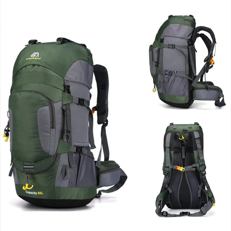 Snygg och funktionell 60L vattentät ryggsäck för camping, trekking och äventyrliga resor.