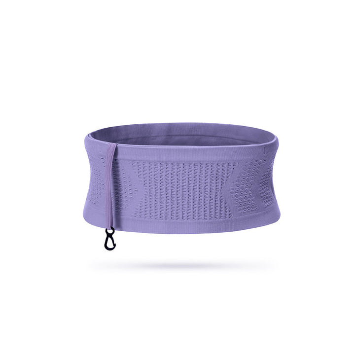"Unisex andningsbar stickad midjeväska i grått, ergonomisk design med fyra flexibla fickor och justerbart bälte för sport."