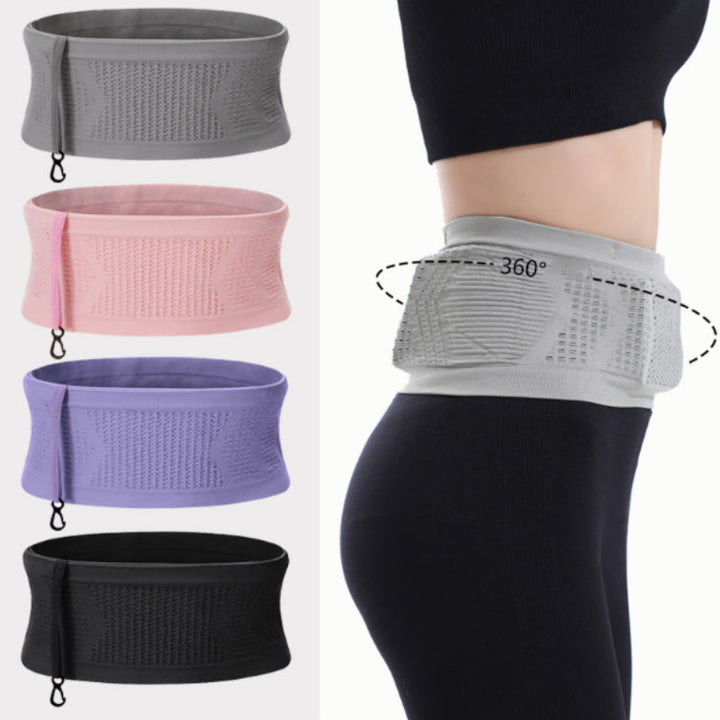 "Unisex andningsbar stickad midjeväska i grått, ergonomisk design med fyra flexibla fickor och justerbart bälte för sport."