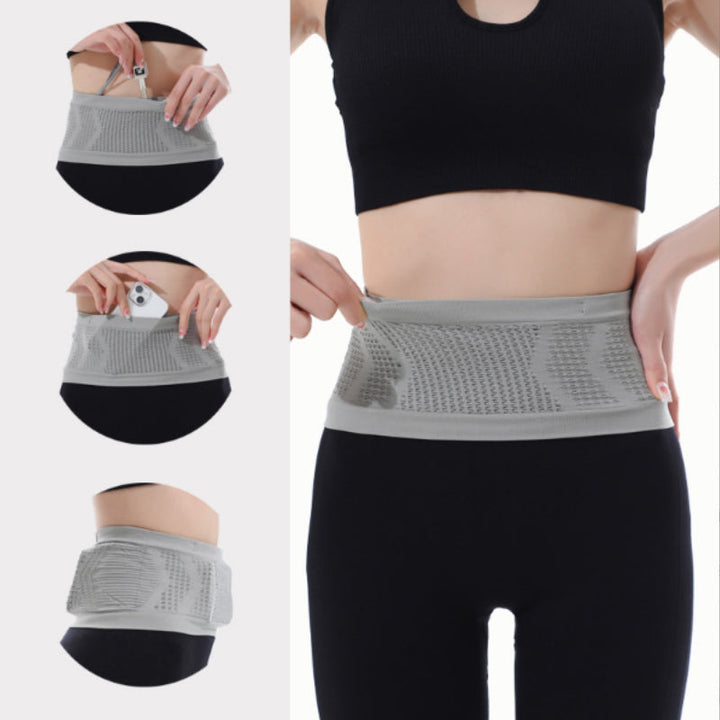 "Unisex andningsbar stickad midjeväska i grått, ergonomisk design med fyra flexibla fickor och justerbart bälte för sport."