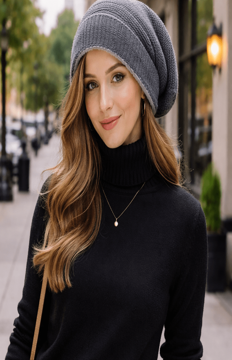 Unisex avslappnad slouchy stickad mössa, varm och stilren för höst och vinter.