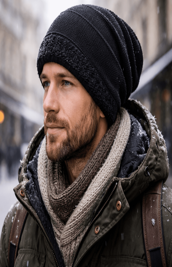 Avslappnad stickad unisexmössa, varm och stilren slouchy design för vinter och höst.