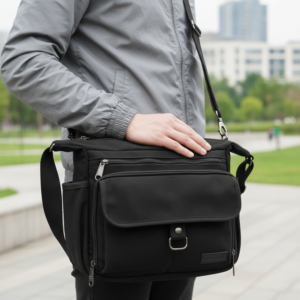 Unisex axelväska i canvas med RFID-skydd & många fack för laptop & vardag. Multifunktionell messengerbag.