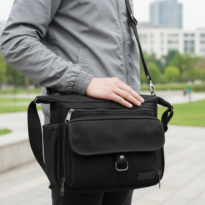Unisex axelväska i canvas med RFID-skydd & många fack för laptop & vardag. Multifunktionell messengerbag.