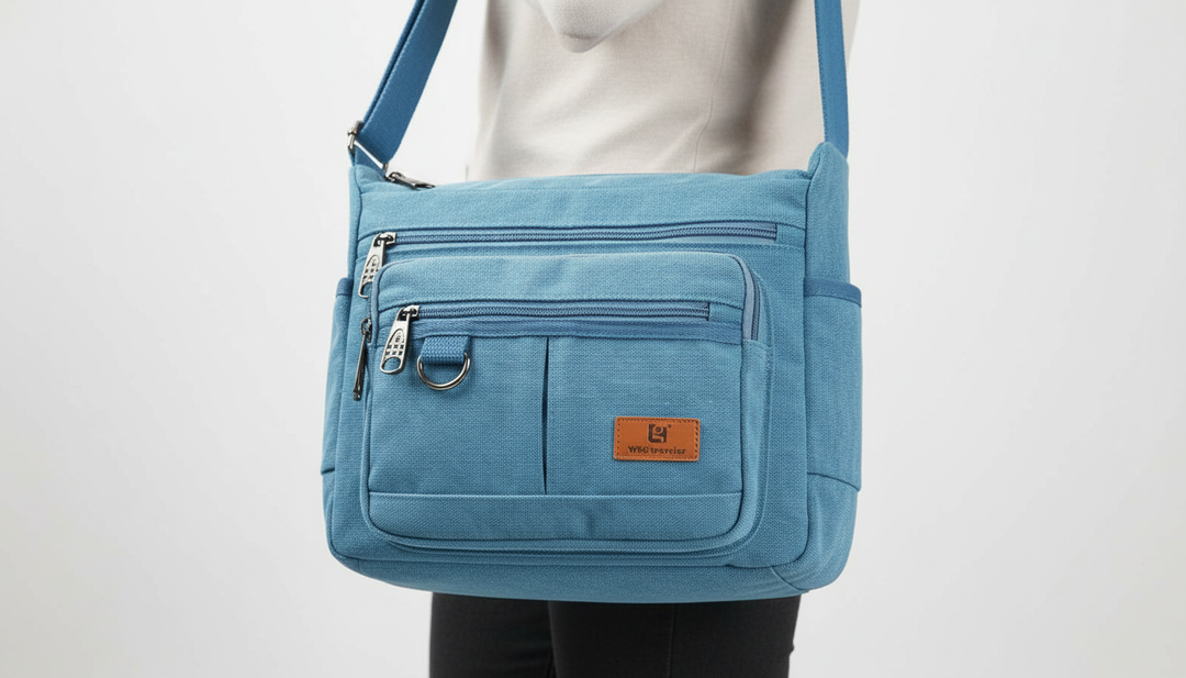 Baksida av unisex canvasväska med extra fack, RFID-skydd & justerbar rem. Mångsidig axelväska för alla.