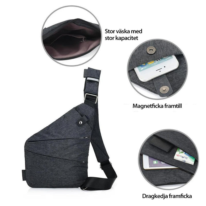 "Unisex axelväska i mörkgrå färg med justerbara remmar och flera fickor, elegant och funktionell designaccessoar."