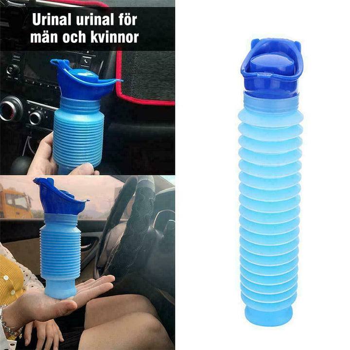 "Unisex bärbar urinoar kissflaska i blått, kompakt format, perfekt för resor och camping, 750 ml kapacitet."