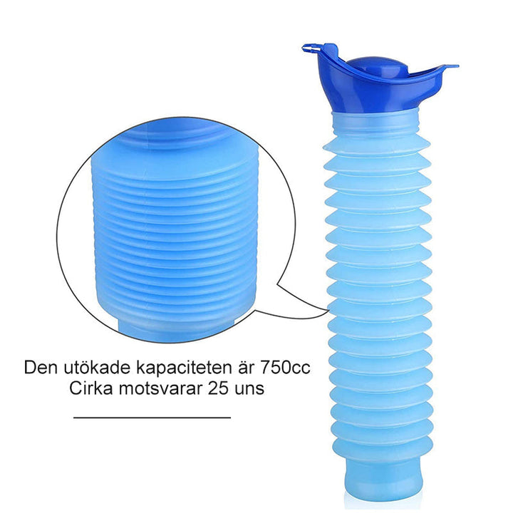"Unisex bärbar urinoar kissflaska i blått, kompakt format, perfekt för resor och camping, 750 ml kapacitet."