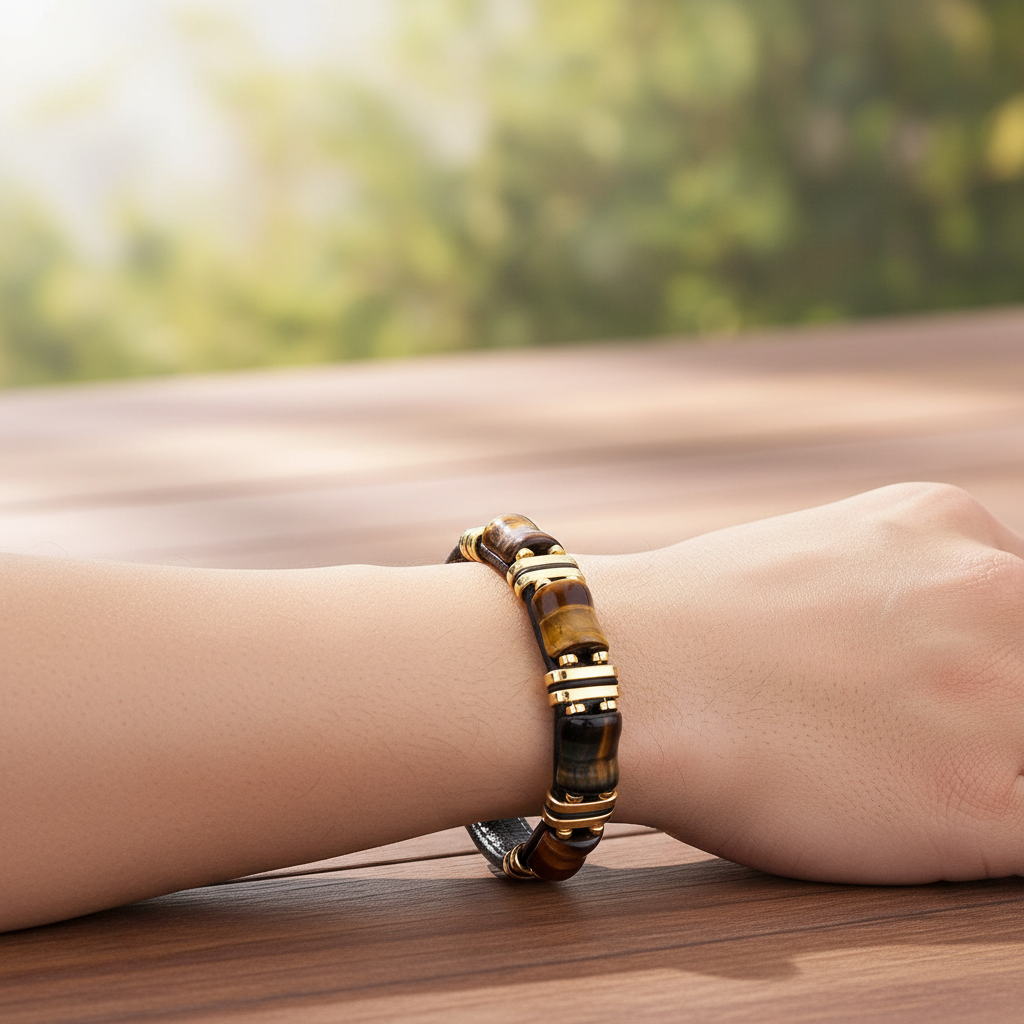 Unisex berlockarmband i tigeröga och läder. Stilrent smycke med natursten för både män och kvinnor.