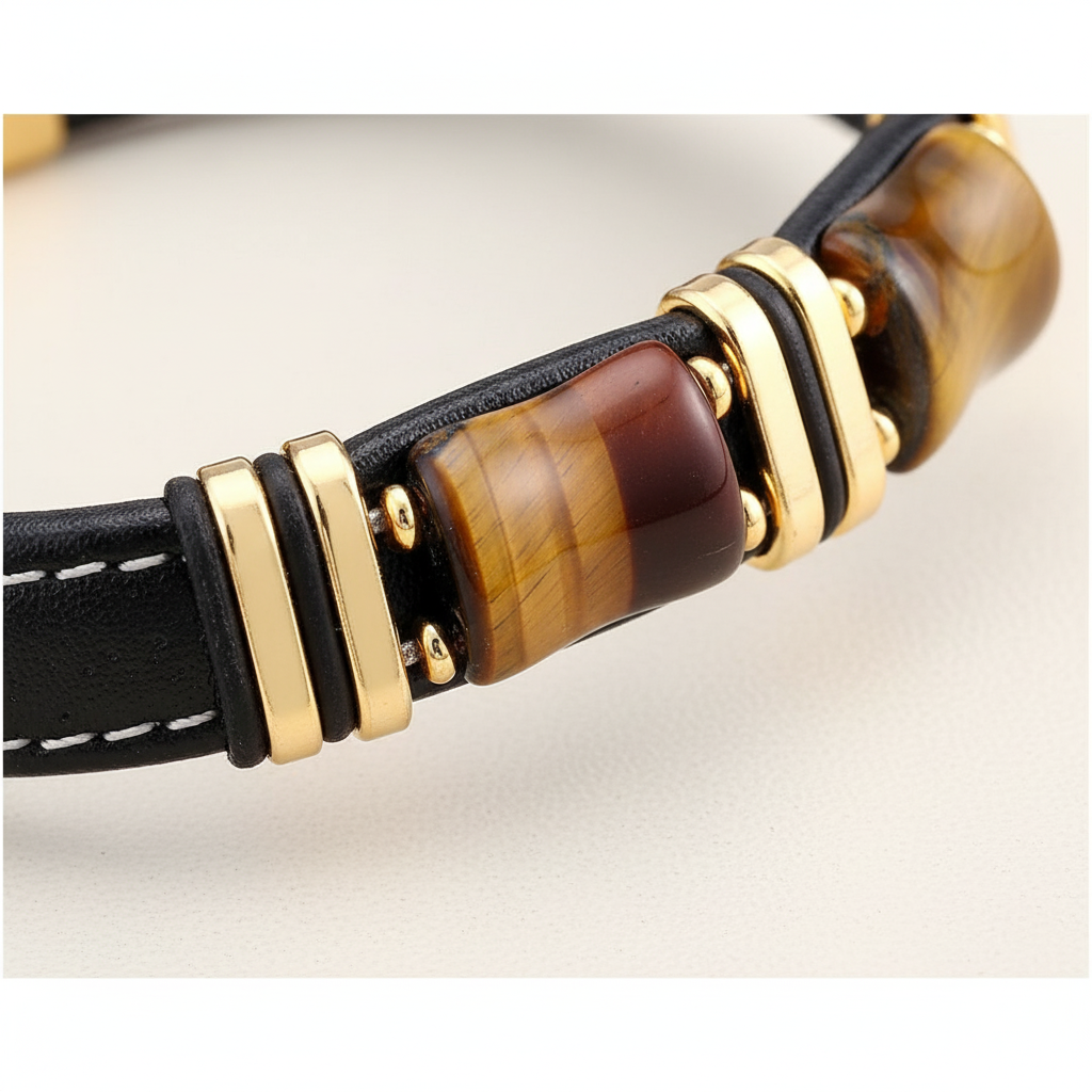 Unisex läderarmband med tigeröga-detaljer buret på handleden. Stilrent och bekvämt berlockarmband.