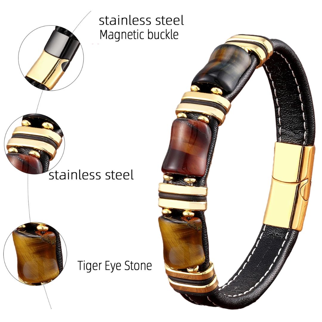 Trendigt unisex armband i tigeröga och läder. En mångsidig accessoar som passar både herr och dam.
