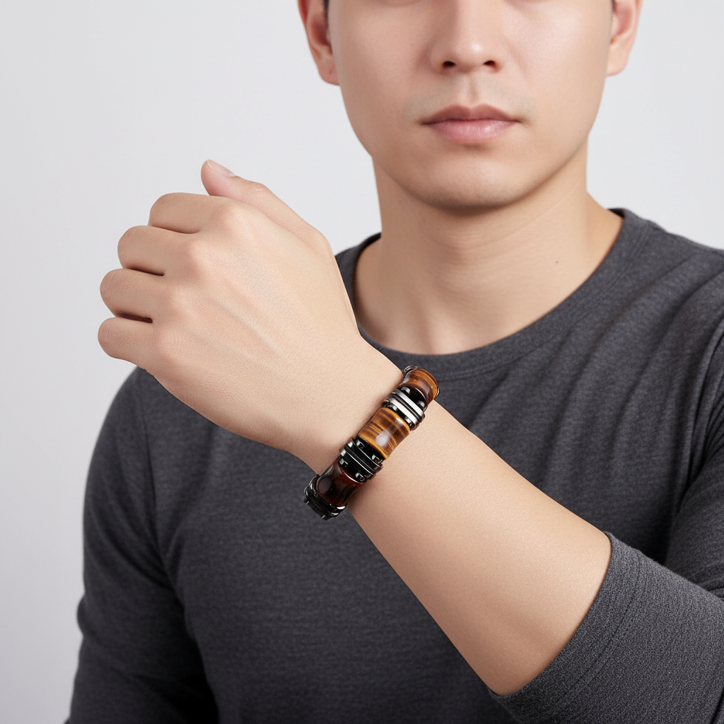 Handgjort berlockarmband med släta tigeröga-pärlor och tåligt läder. Känn styrkan från naturstenen.