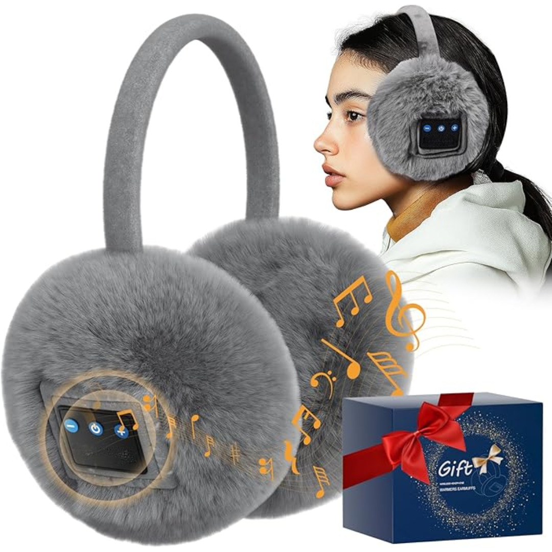 En person bär de bekväma, varma fleece-hörlurarna med Bluetooth och ljudisolering. Stilren unisex-design.