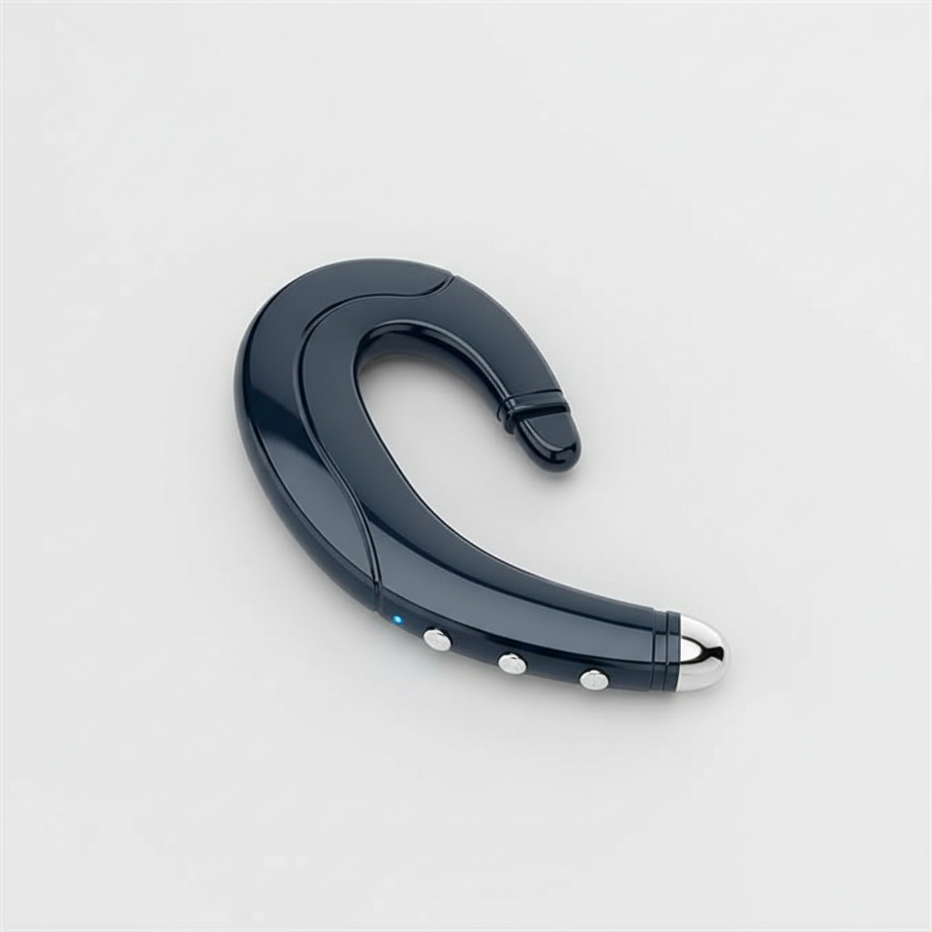 Främre vy av svarta Boneacoustic Bluetooth-hörlurar. Ergonomisk design för alla kön.