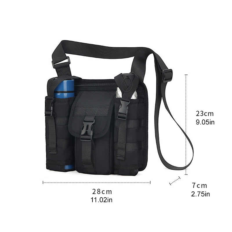 Unisex crossbody axelväska i tåligt tyg, grå. Framifrån med dragkedjor och justerbar rem, perfekt för organiserad förvaring.