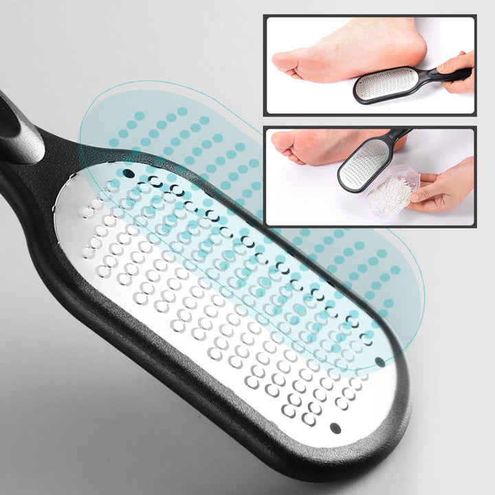 "Unisex exfolierande fotverktyg med ergonomiskt handtag och dubbelsidig användning för säker borttagning av död hud."
