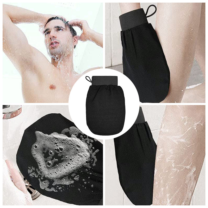 Unisex exfolierande handskar i viskos, bönbrun och lila färg, tar bort död hud för mjukare hud.