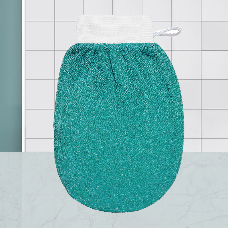 Unisex exfolierande handskar i viskos, bönbrun och lila färg, tar bort död hud för mjukare hud.