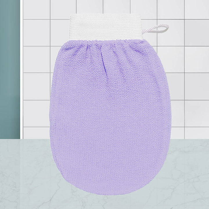 Unisex exfolierande handskar i viskos, bönbrun och lila färg, tar bort död hud för mjukare hud.