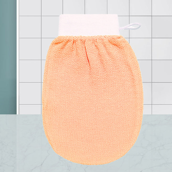 Unisex exfolierande handskar i viskos, bönbrun och lila färg, tar bort död hud för mjukare hud.