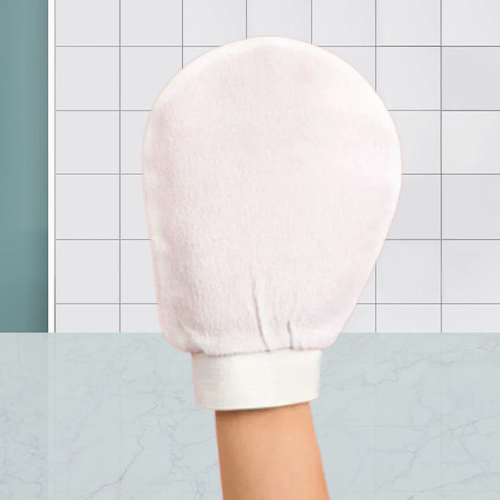 Unisex exfolierande handskar i viskos, bönbrun och lila färg, tar bort död hud för mjukare hud.