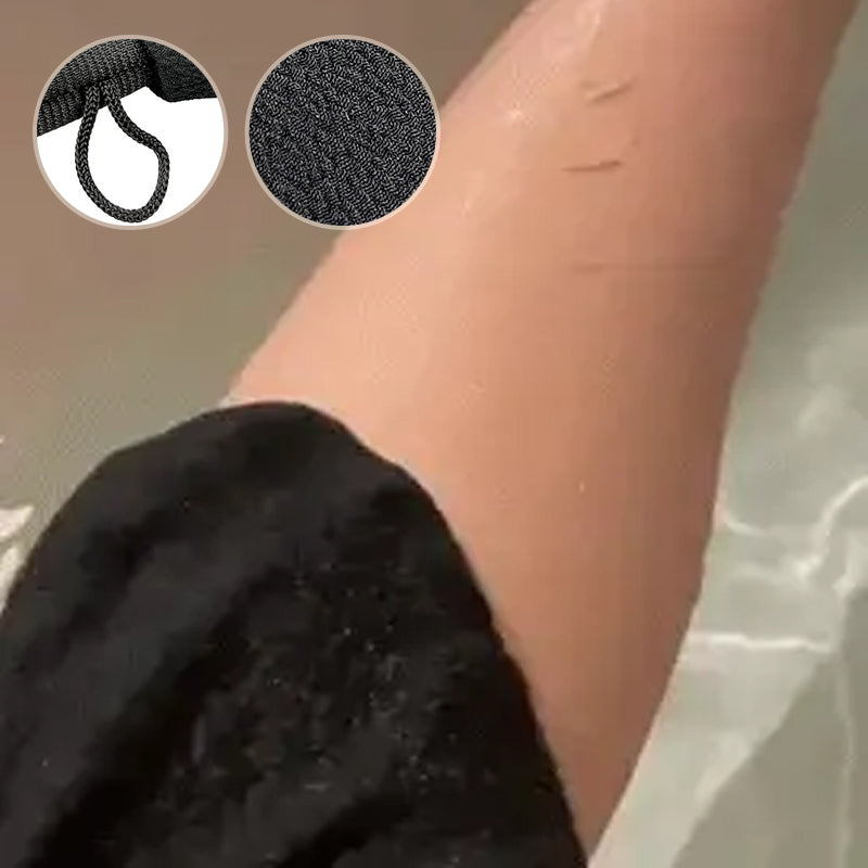 Unisex exfolierande handskar i viskos, bönbrun och lila färg, tar bort död hud för mjukare hud.